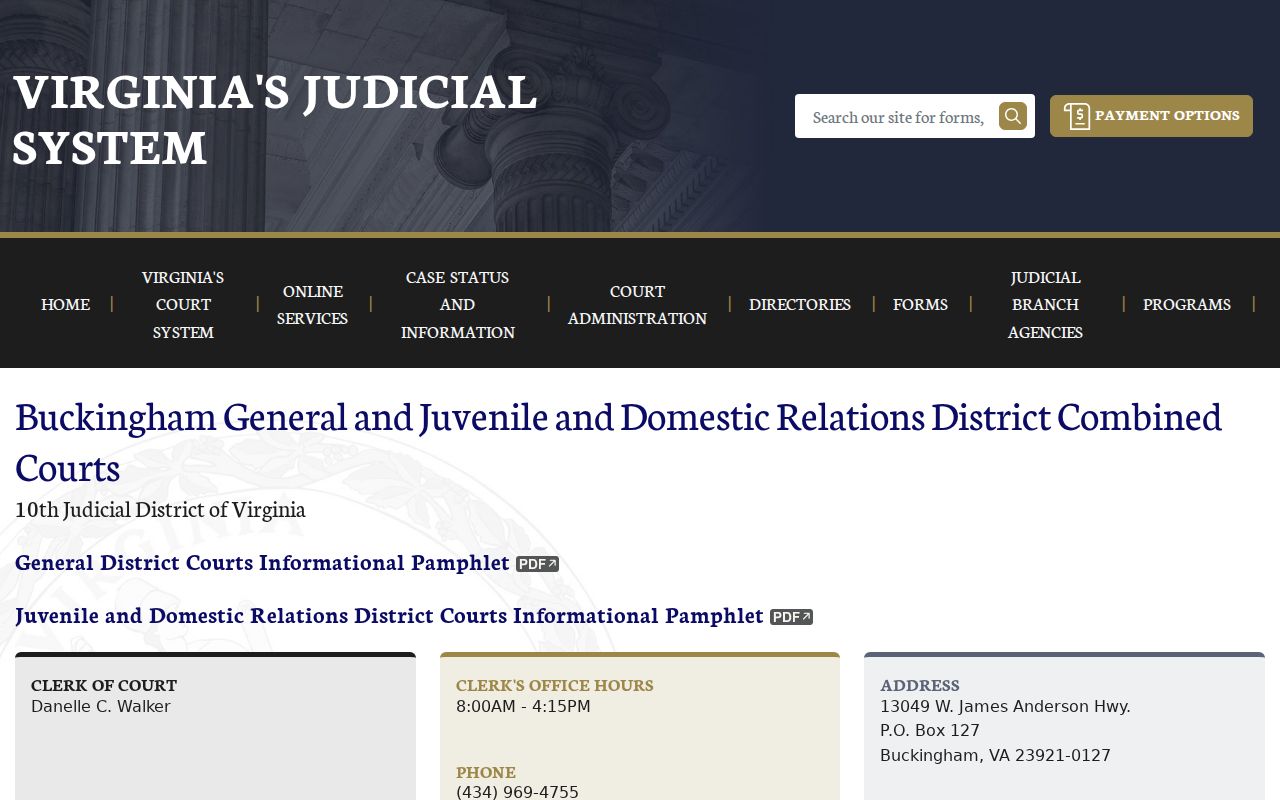 Buckingham County bench warrant search, district court schedule and contact page