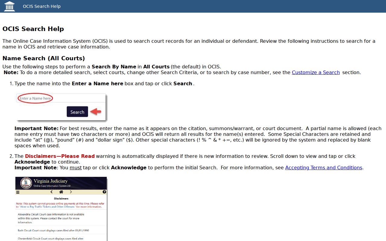 Buckingham County warrant search, Virginia OCIS search help page