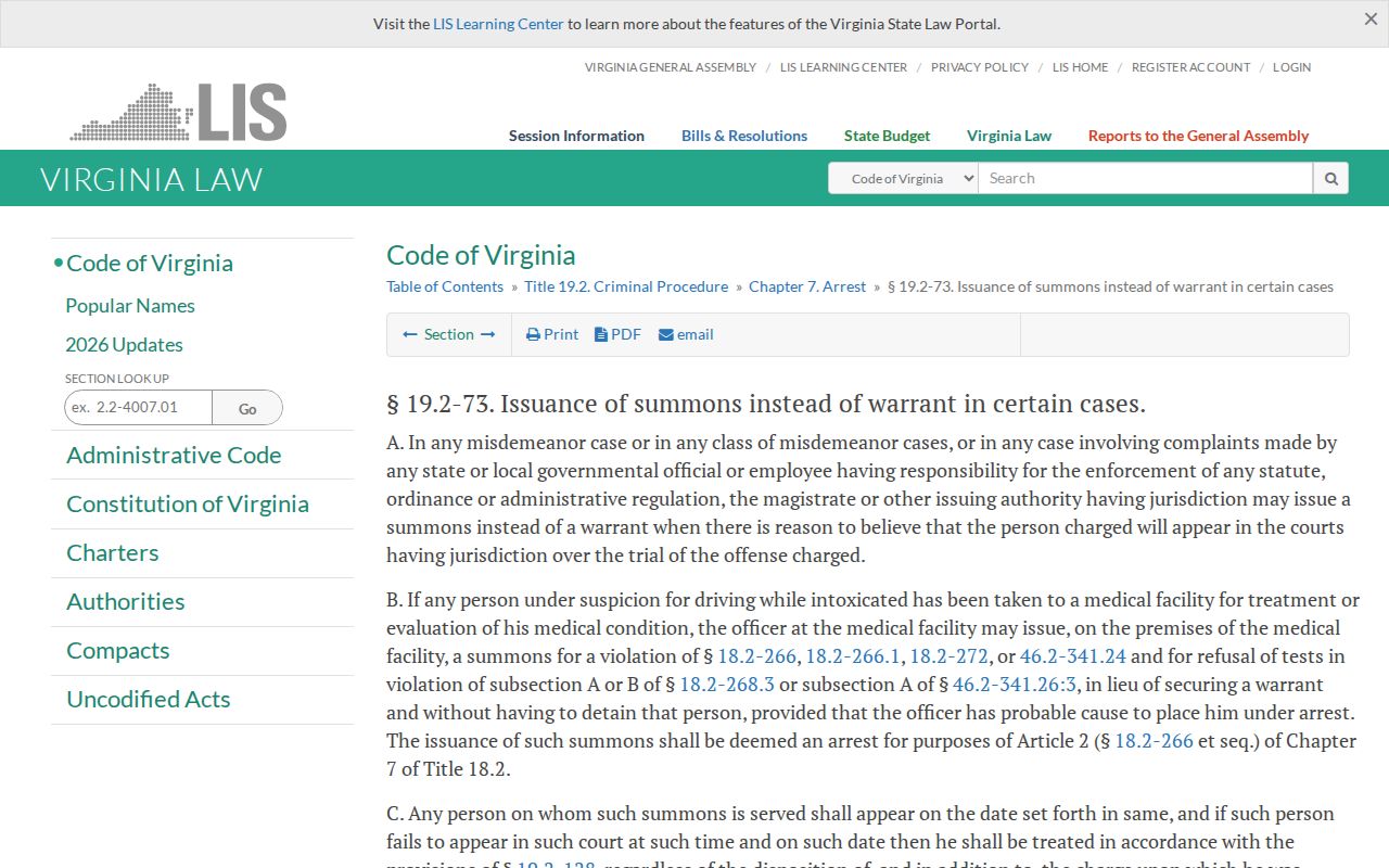 Buckingham County arrest warrant records, Virginia Code section 19.2-73 summons rule