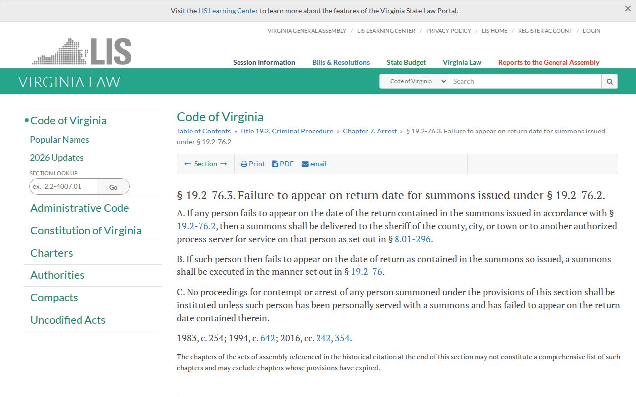 Buckingham County arrest warrant process, Virginia Code section 19.2-76.3 mailed-summons rule