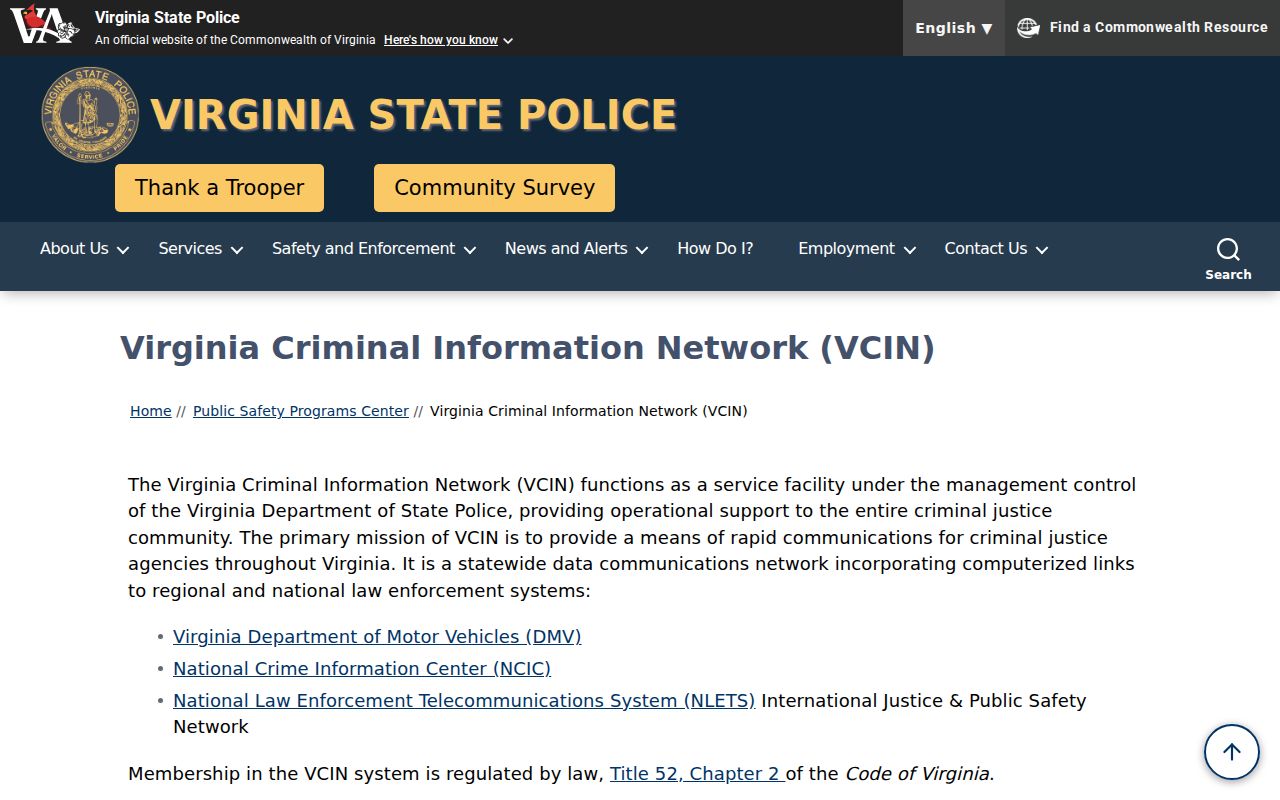 Buckingham County active warrants, Virginia State Police VCIN system overview