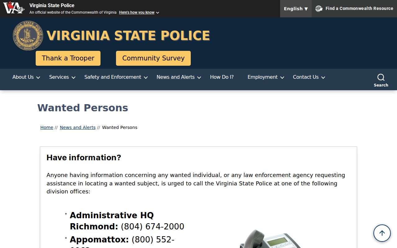 Buckingham County warrant search context, Virginia State Police wanted-persons agency page